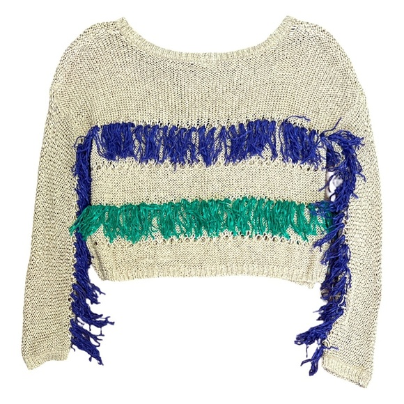 BY CHANCE • Beige Knit Green & Purple Tassels Fringe Sweater - Picture 3 of 6